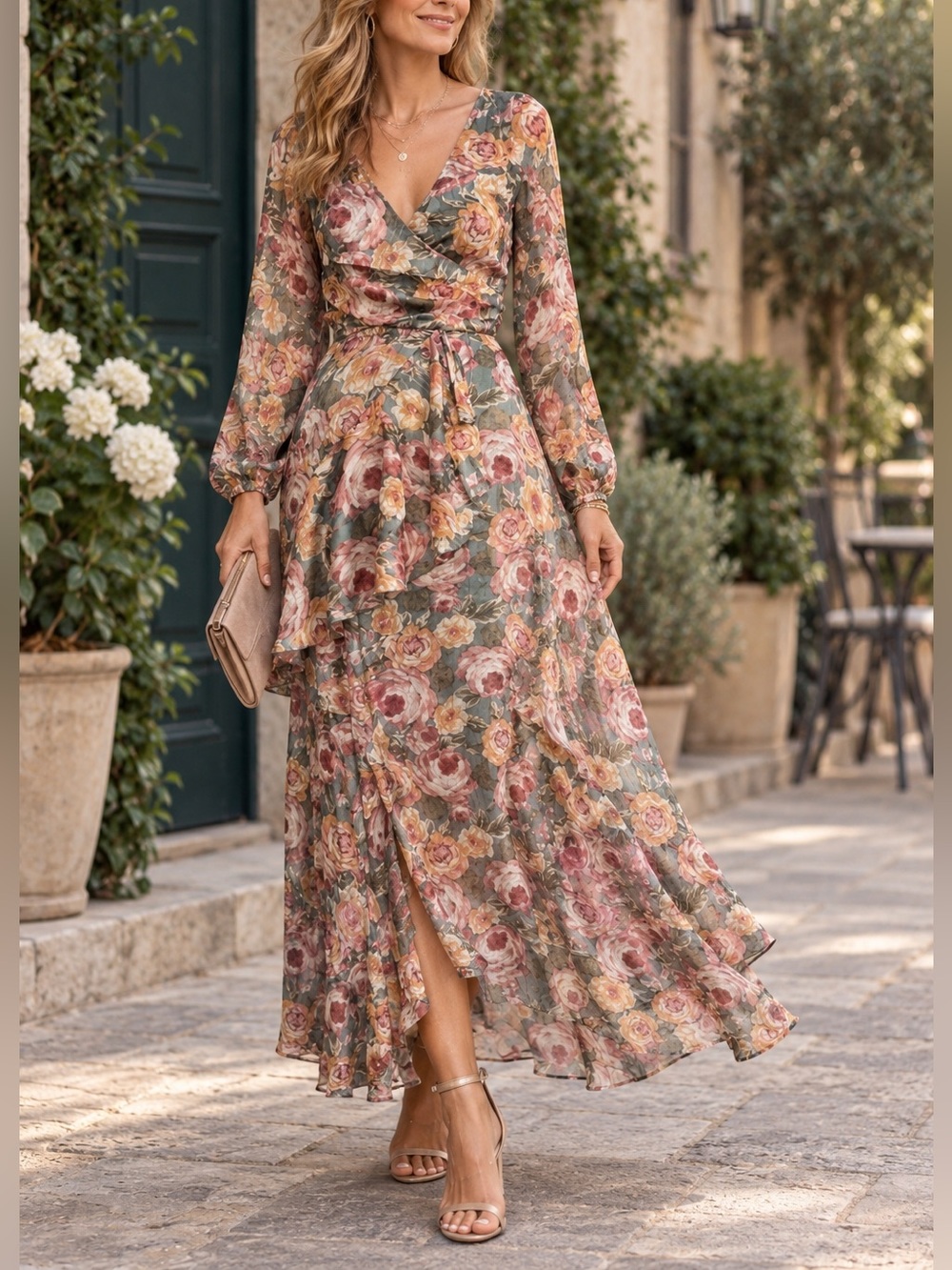NWT Maxi Dress long Sleeve flowy asymmetrical chiffon floral metallic Sz S
